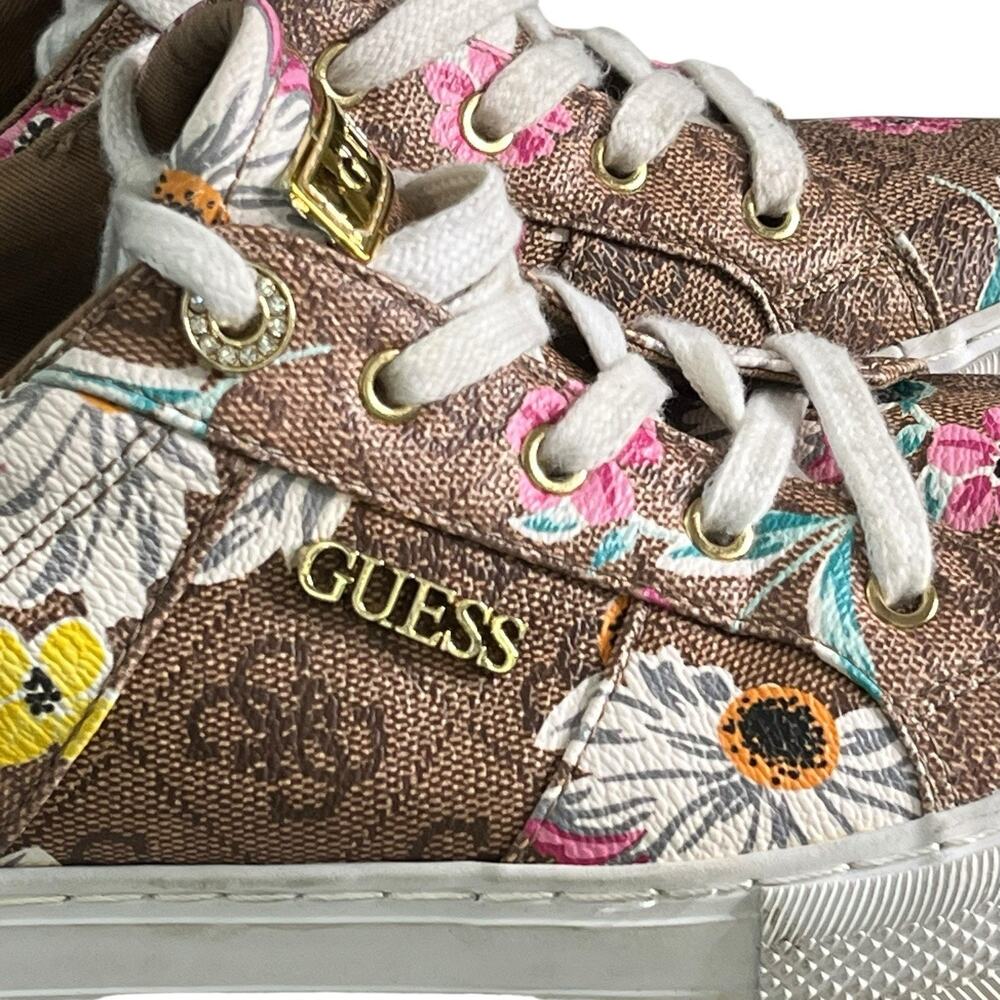 Guess Loven Sneakers Women's Size 9.5 M Casual Lace-up Logo Brown Pink Floral - Picture 6 of 15